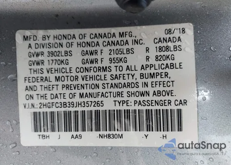 2018 Honda Civic Ex-T из США, поврежденный, VIN 2HGFC3B39JH357265